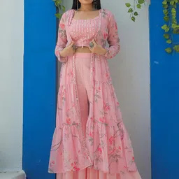 TextileNow Embroidered Mirror Work Top With Sharara & Shrug image 1