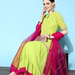 Inddus Women Green Ethnic Motifs Embroidered Thread Work Kurta with Sharara & Dupatta image 1