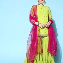 Inddus Women Green Ethnic Motifs Embroidered Thread Work Kurta with Sharara & Dupatta image 2