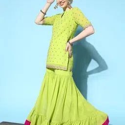 Inddus Women Green Ethnic Motifs Embroidered Thread Work Kurta with Sharara & Dupatta image 4