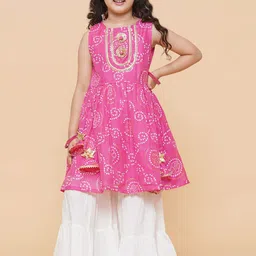 Bitiya by Bhama Girls Pink & White Bandhani Printed Panelled Kurta with Sharara-picture-11