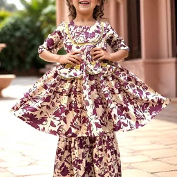 A.T.U.N. Girls Floral Printed Regular Sleeves Gotta Patti Kurta & Sharara-picture-25