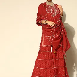 Ishin Women Maroon Ethnic Motifs Yoke Design Gotta Patti Kurti with Sharara & With Dupatta image 1