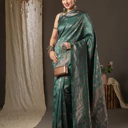 Saree mall Teal Blue & Copper-Toned Woven Design Zari Silk Blend Dharmavaram Sarees image 3