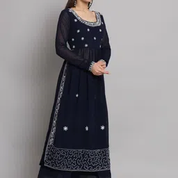 Poshak Hub Floral Embroidered A-Line Pleated High Slit Kurta with Palazzos image 5
