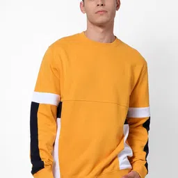 Celio Men Mustard Yellow & White Colourblocked Pullover Sweatshirt image 1
