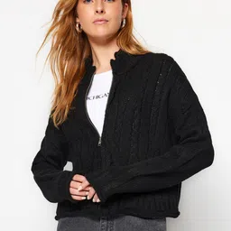 Trendyol Cable Knit Self-Design Spread Collar Drop-Shoulder Sleeves Cardigan-picture-21