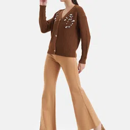 Kazo Ribbed V-Neck Embellished Acrylic Cardigan Sweater image 2
