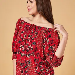 Honey by Pantaloons Floral Printed Off-Shoulder Cuffed Sleeves Gathered Bardot Top image 3