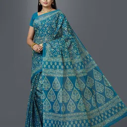 SHANVIKA Green Floral Pure Cotton Block Print Saree image 1