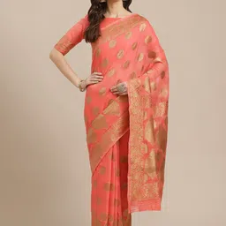 Saree mall Peach-Coloured & Golden Woven Design Saree image 1