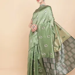 Sangria Sea Green & Silver-Toned Ethnic Motifs Silk Blend Banarasi Saree image 4