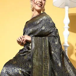 anouk rustic Anouk Navy Blue & Gold-Toned Ethnic Motifs Zari Silk Blend Banarasi Saree image 4