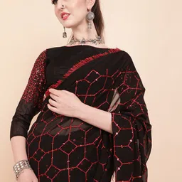 Sangria Black & Yellow Pure Georgette Sequins Embellished Saree image 1