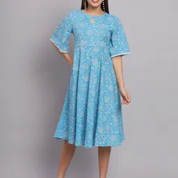DECKEDUP Keyhole Neck Floral Printed Lace-Up Detail Flared Sleeve Cotton Midi Dress-picture-39