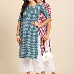 7threads KALINI Women Pack Of 2 Blue & Maroon Geometric Printed Crepe Kurta-picture-26