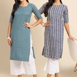 KALINI Women Pack of 2 Teal & Navy Blue Ethnic Motifs Printed Crepe Kurta-image-52
