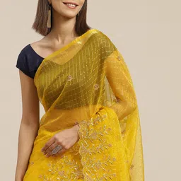 Anouk Mustard Yellow Checked Woven Design Organza Saree-image-54