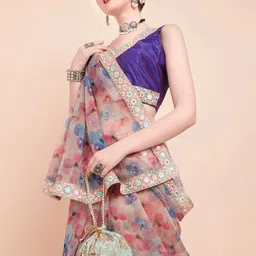 Sangria Pink & Blue Floral Printed Sequinned Organza Saree-picture-25
