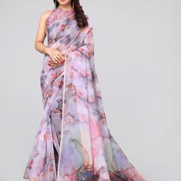 MIRCHI FASHION Lavender & Green Floral Printed Zari Organza Saree-picture-47