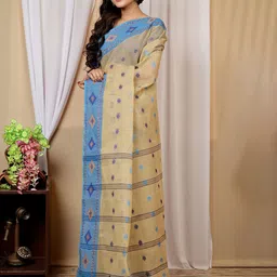 PuJoy Woven Design Zari Pure Cotton Taant Saree-image-6
