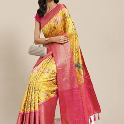 Silk Land Yellow & Red Ethnic Motifs Zari Art Silk Banarasi Saree image 1