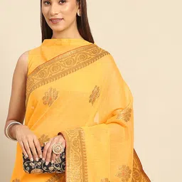 Anouk Yellow & Gold-Toned Ethnic Motifs Silk Blend Banarasi Saree-image-63