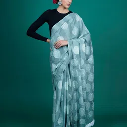 BUTA BUTI Grey & White Printed Pure Cotton Tasseled Saree-picture-11