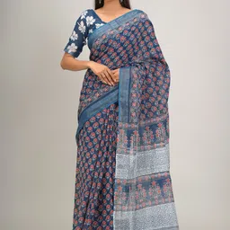 JALTHER Ethnic Motifs Block Printed Zari Cotton Linen Saree-picture-26