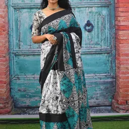 TROPWEAR Abstract Mulmul Cotton Block Print Saree-picture-26