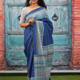 JALTHER Polka Dot Block Print Pure Cotton Saree-image-3