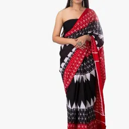 JALTHER Black & Red Pure Cotton Block Print Saree-picture-28