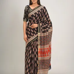 KIAARON Ethnic Motifs Zari Pure Cotton Block Print Saree-picture-33
