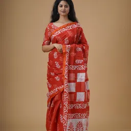 KIAARON Ethnic Motifs Zari Mulmul Cotton Block Print Saree-picture-35