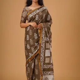 KIAARON Ethnic Motifs Zari Pure Cotton Block Print Saree-picture-22