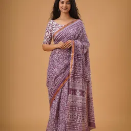 KIAARON Ethnic Motifs Zari Pure Cotton Block Print Saree-picture-41