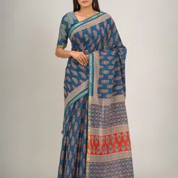 KIAARON Ethnic Motifs Zari Mulmul Cotton Block Print Saree-picture-15