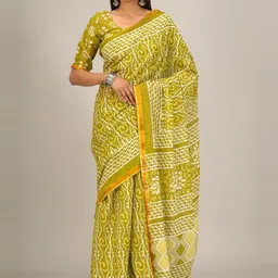 KIAARON Ethnic Motifs Zari Mulmul Cotton Block Print Saree-picture-23