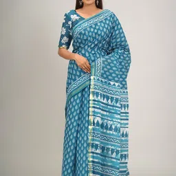 KIAARON Ethnic Motifs Zari Mulmul Cotton Block Print Saree-picture-18