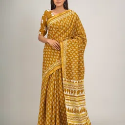 KIAARON Ethnic Motifs Zari Pure Cotton Block Print Saree-picture-22