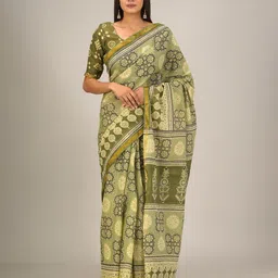 KIAARON Ethnic Motifs Zari Mulmul Cotton Block Print Saree-picture-32
