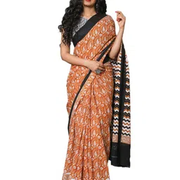 KIAARON Paisley Printed Pure Cotton Block Print Saree-image-70
