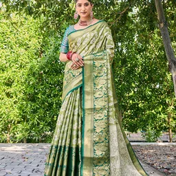 Mitera Green & White Woven Design Zari Kanjeevaram Saree-picture-25