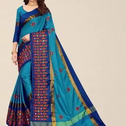 SERONA FABRICS Turquoise Blue Embroidered Silk Cotton Saree image 1