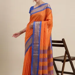 KALINI Orange & Blue Checked Zari Silk Cotton Uppada Saree-picture-17