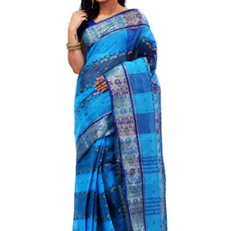 PuJoy Geometric Woven Design Zari Pure Cotton Taant Saree-picture-17