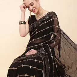Sangria Black & Gold-Toned Striped Sequinned Pure Georgette Saree-image-36
