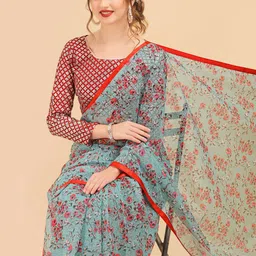 Sangria Sea Green & Red Floral Lace Saree-picture-15