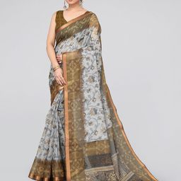 MIRCHI FASHION Grey & Brown Floral Printed Zari Saree-picture-39