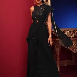 INDYA X ASHISH SONI Women Navy Blue Zari Sequin Embellished Pre-Stitched Saree-picture-23